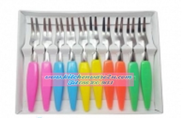 P02867 ส้อมจิ้มผลไม้ สแตนเลส แพค 10 อัน ด้ามสี ราคาส่งต่อโหล: 12 แพค