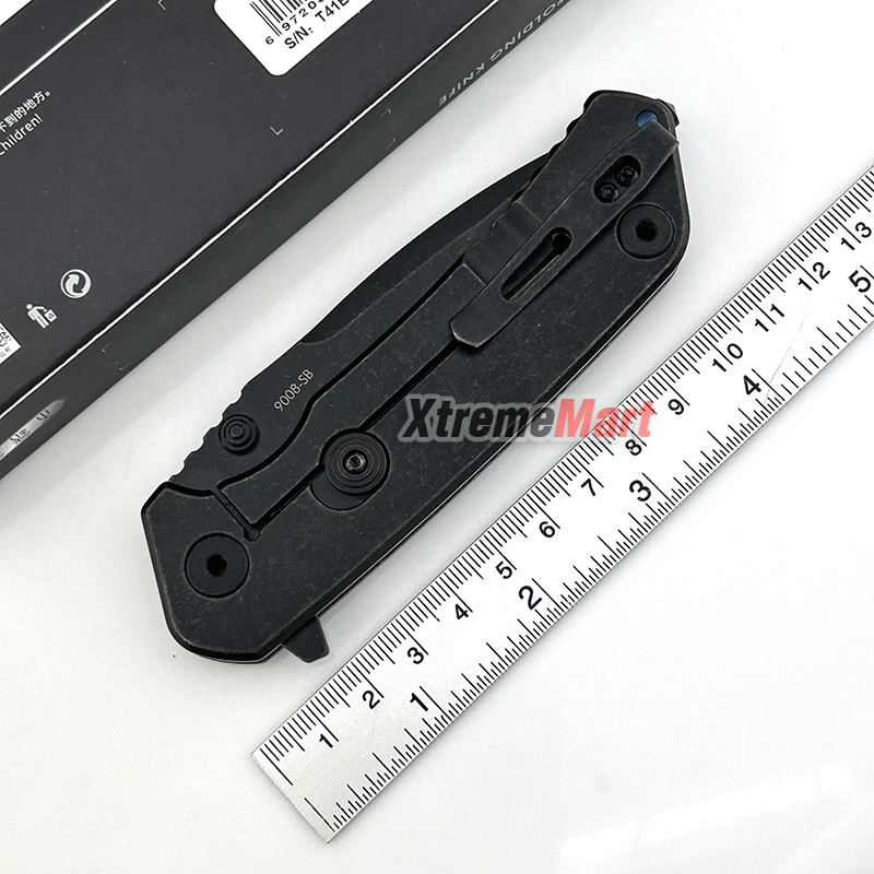 มีดพับ SANRENMU 9008-SB SRM 9008 สีดำ Backwash (ล็อตใหม่หมุดสีฟ้า) สแตนเลสแข็งพิเศษ 12C27 จุดหมุนระบบตลับลูกปืน (Ball Bearing) เปิด-ปิดลื่นมาก