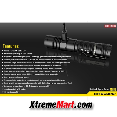 ไฟฉาย Nitecore MH10 แสงขาว 1000LM CREE XM-L2 U2 LED flashlight พร้อมแบตเตอรี่ชาร์จ Nitecore 18650 + USB charger