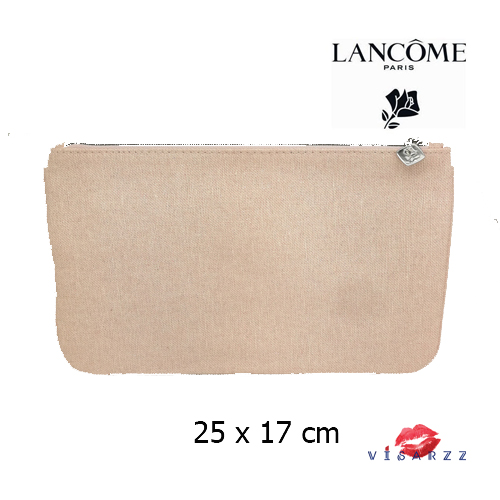 Lancome Cosmetic Bag Golden Nude กระะป๋าเครื่องสำอางผ้าสีนู้ดแทรกประกายวิ้งสีทอง ซิปโลโก้ลังโคมสีเงิน ด้านในซับในด้วยผ้าสีนู้ดพิมพ์ลายลังโคม