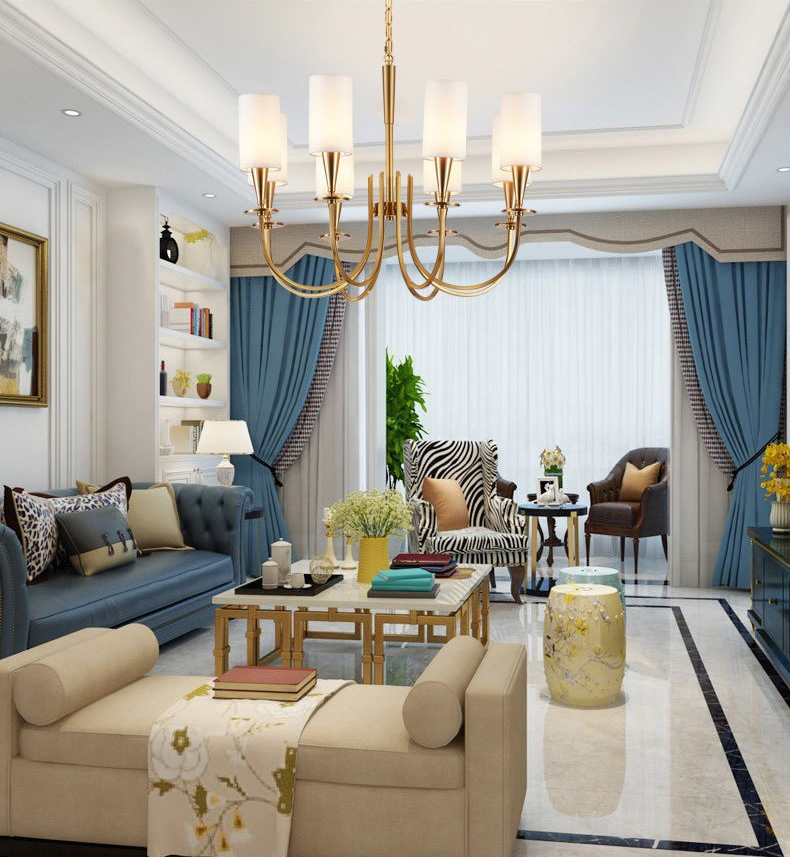 โคมไฟระย้าโครงสีทองทรงก้านโค้งโป๊ะผ้าทรงกระบอกยาวสีขาว[T014]