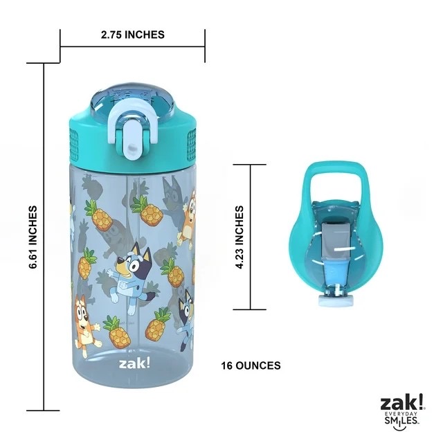 กระติกน้ำพร้อมหลอดดื่มสำหรับเด็ก Zak! Bluey 16 Oz. Reusable Water Bottle with Straw (Blue)