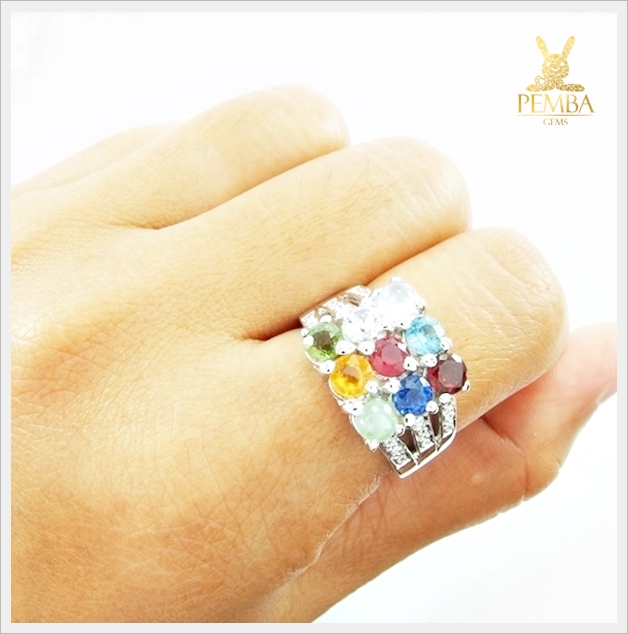 แหวนนพเก้าแท้ ตามตำราโบราณ เงินแท้925 แหวนพลอยแท้