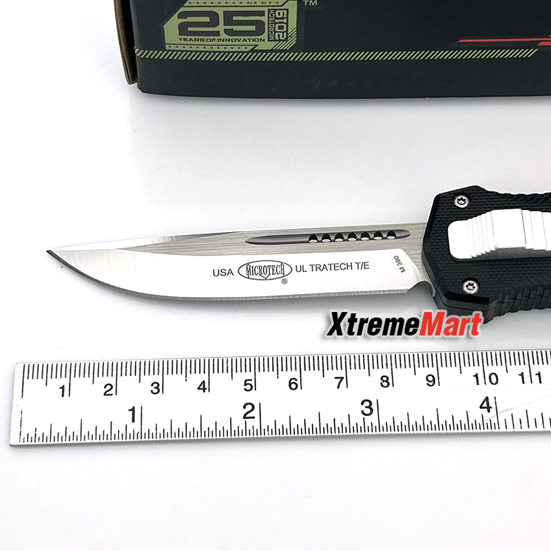 มีดสปริง Microtech (New Ultratech V2) คมเดียว ใบเงิน ด้ามดำ Combat Troodon Automatic Knife