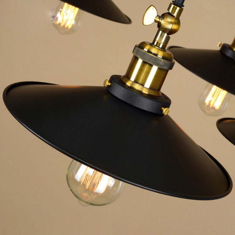 โคมไฟแขวนเพดานเหล็กโป๊ะโคมทรงร่มเล็กสีดำสไตล์วิจเทจ 6 ดวง