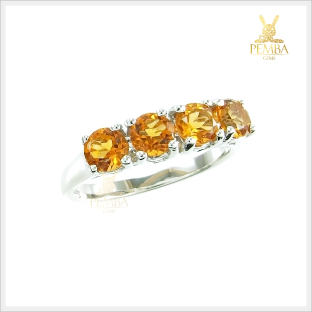 แหวนซิทริน สีเหลืองส้ม แหวนแถว 4 เม็ด เงินแท้ ชุบทองคำขาว แหวนพลอยแท้