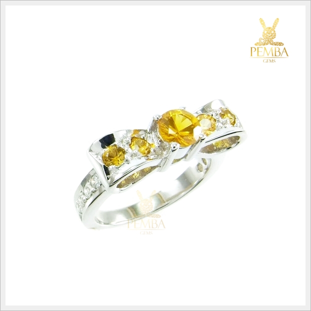 แหวนบุษราคัม เงินแท้ ชุบทองคำขาว ดีไซน์รูปโบว์สุดเก๋ แหวนพลอยแท้