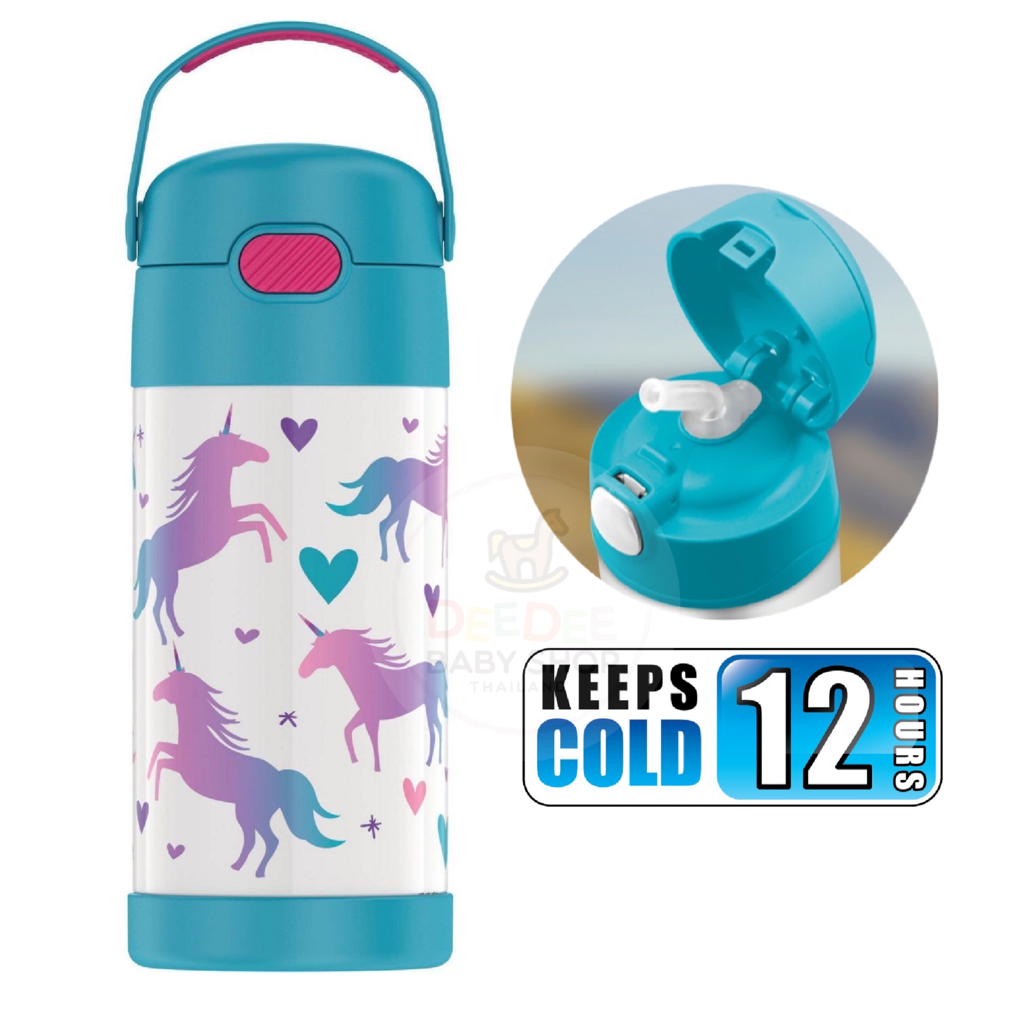 กระติกน้ำสเตนเลสรักษาอุณหภูมิ Thermos Unicorn FUNtainer Vacuum Insulated Stainless Steel Bottle 12OZ with Bali Handle (Teal/White)