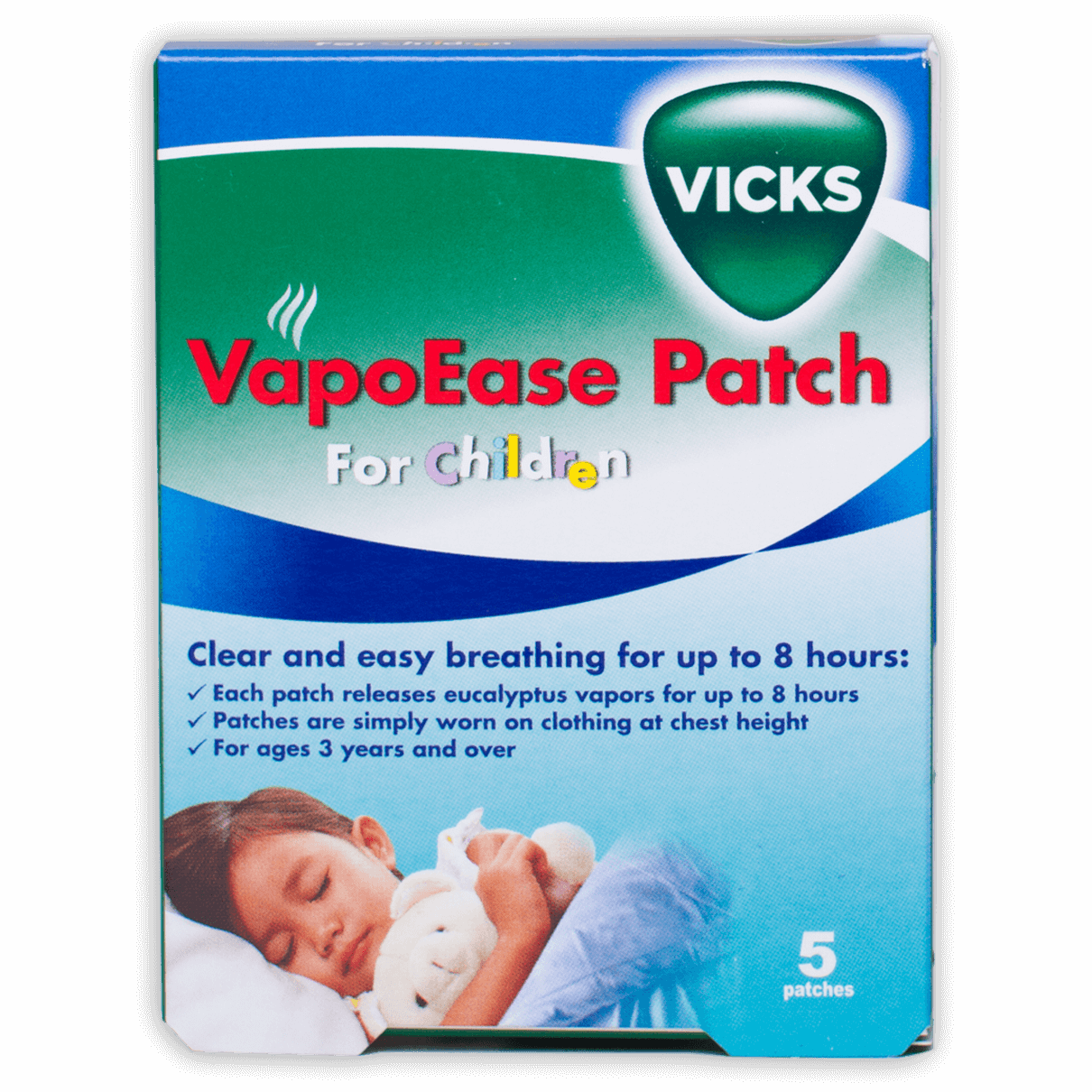 แผ่นแปะบรรเทาอาการหวัดคัดจมูกสูตรเข้มข้นสำหรับเด็ก Vicks VapoEase Patch for Children