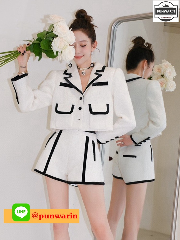 ชุดลำลองวันสบายๆ สาวเกาหลีวัยทำงานชุดเซทสองชิ้น W6503007 ขาวดำ S-L