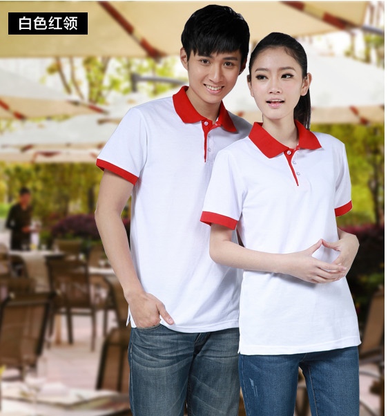 เสื้อฟอร์มพนักงาน เสื้อยืดปกโปโล เสื้อโปโลสีขาวสลับแดง P6012020