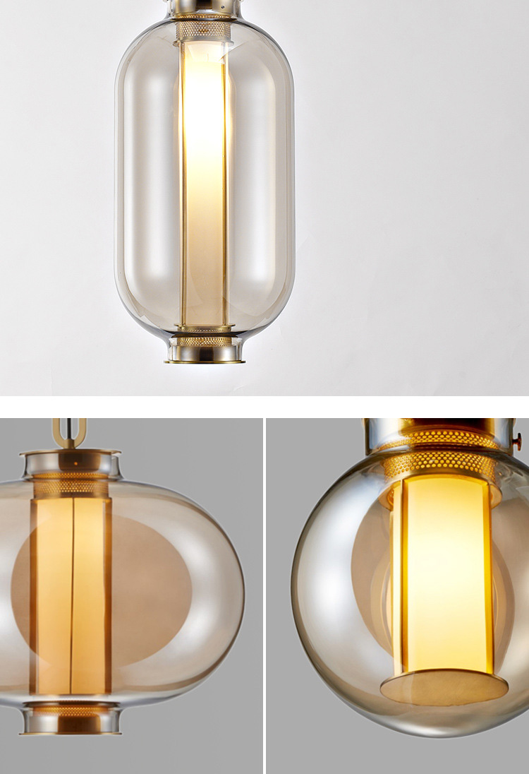 โคมไฟแขวนเพดานแก้วโทนสีชาโครงสีทองเหลืองมีตัวกรองแสงด้านใน [GF-122155]