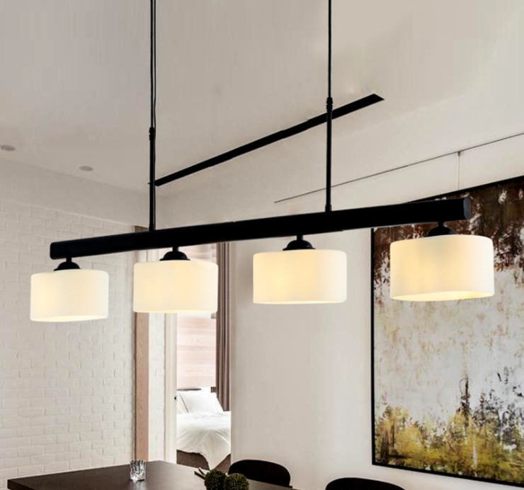 โคมไฟแขวนเพดานสไตล์นอร์ดิกโครงสีดำก้านยาวโป๊ะแก้วสีขาวขุ่นไฟ 4 ดวง [H863]