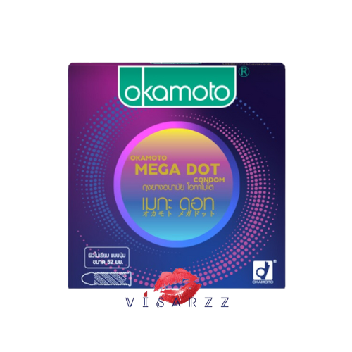 (Exp.09/29) Okamoto Mega Dot 1 กล่อง 3 ชิ้น โอกาโมโต เมกะ ดอท ขนาด 52 มม ถุงยางอนามัยจากญี่ปุ่น พื้นผิวสัมผัส ผิวไม่เรียบ แบบปุ่ม