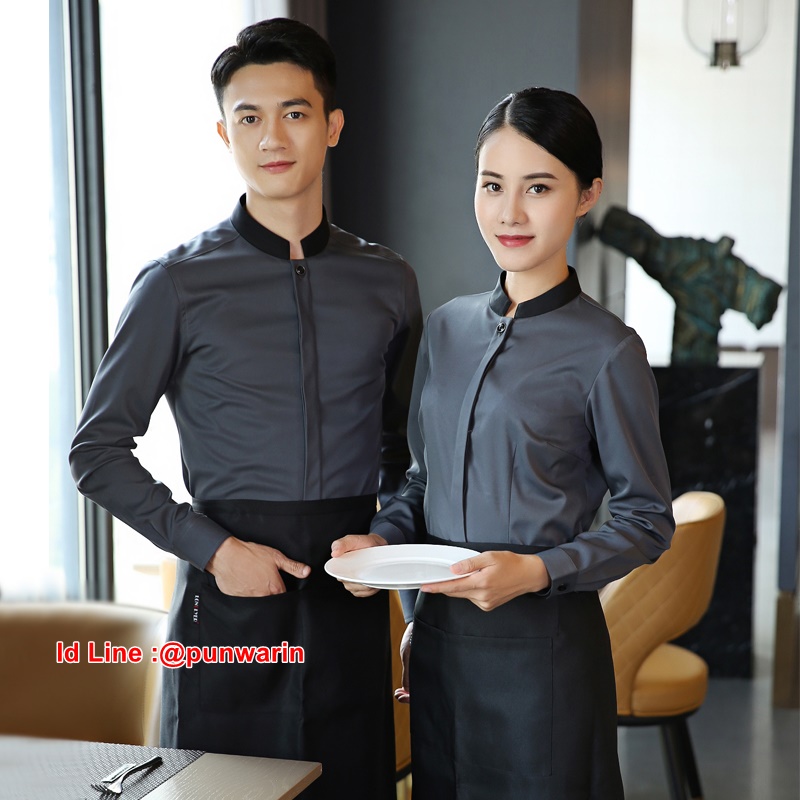 เสื้อพนักงานต้อนรับพนักงานเสริฟเสื้อพนักงานโรงแรมนรีสอร์ทเสื้อเชิ้ตลายทางแขนยาว F6307001 เทา S-4XL