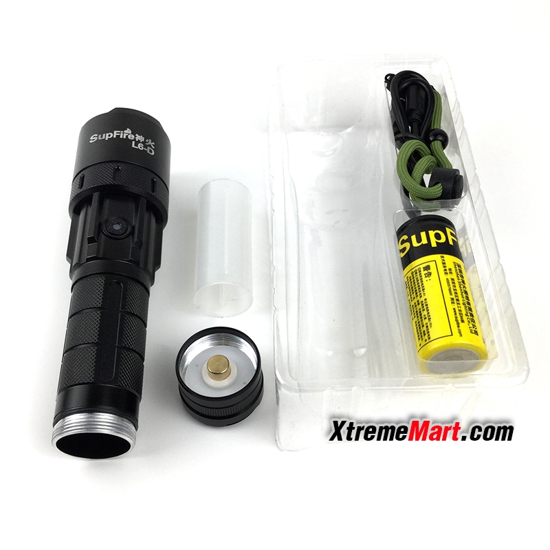 ชุดเซตไฟฉาย SupFire L6-D หลอด P50 4-chip High power LED สว่าง 1200 Lumens 15W 5 โหมด พร้อมแบตเตอรี่ 26650 และสายชาร์จ USB