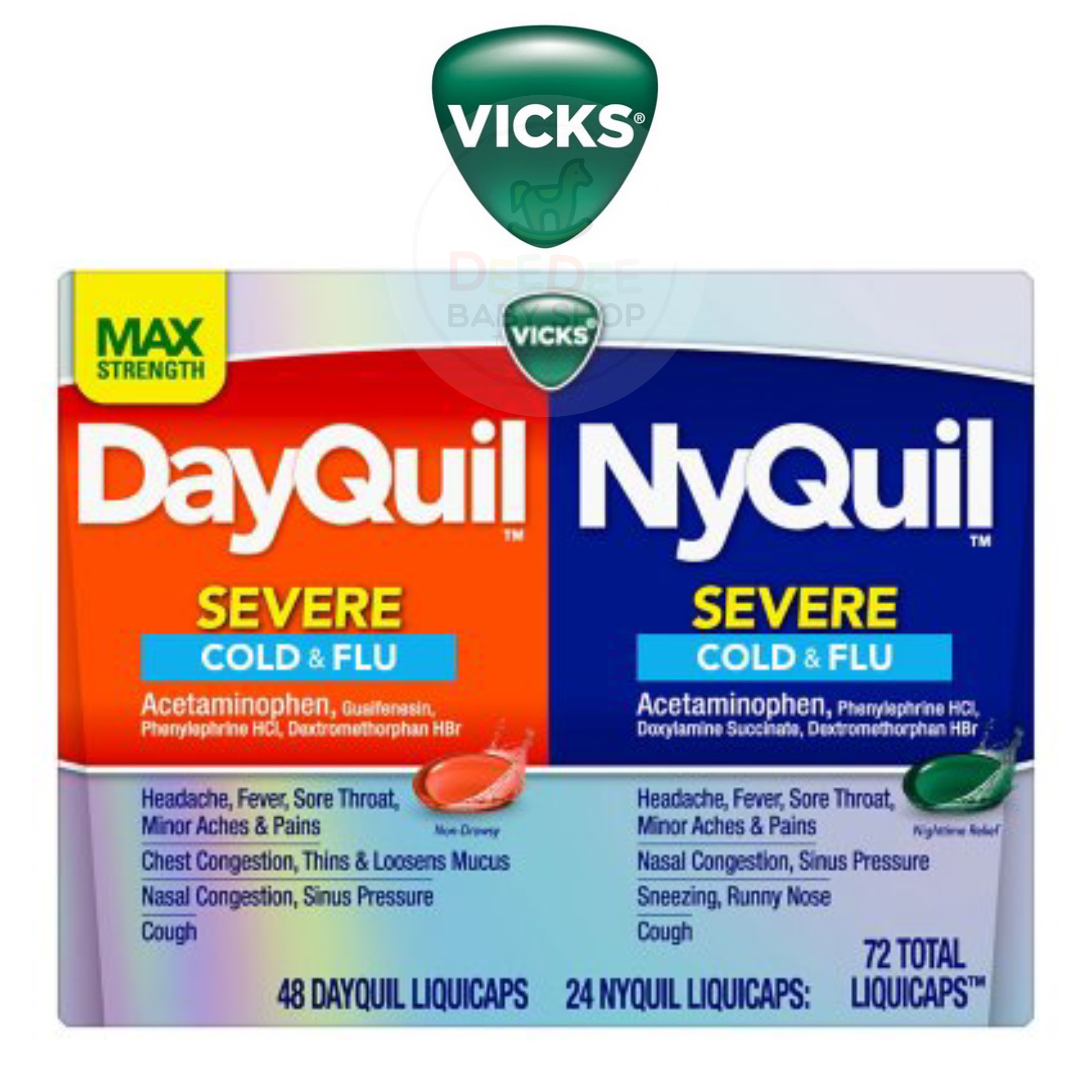 ยาบรรเทาอาการหวัดและไข้หวัดสูตรเข้มข้น Vicks DayQuil & NyQuil SEVERE Cold & Flu Max Strength (Total 72 LiquiCaps)