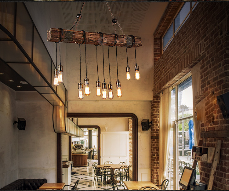 โคมไฟแขวนเพดานขอนไม้เรือพันสายไฟ 10 ดวง สไตล์ Retro industrial [FH-10]