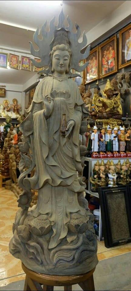 พระแม่กวนอิม เจ้าแม่กวนอิม ไม้สักแกะสลัก (สูง40นิ้ว)