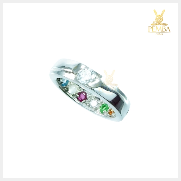 แหวนนพเก้าแท้ ตามตำราโบราณ เงินแท้925 ชุบทองคำขาว ฝังใต้ท้องแหวน