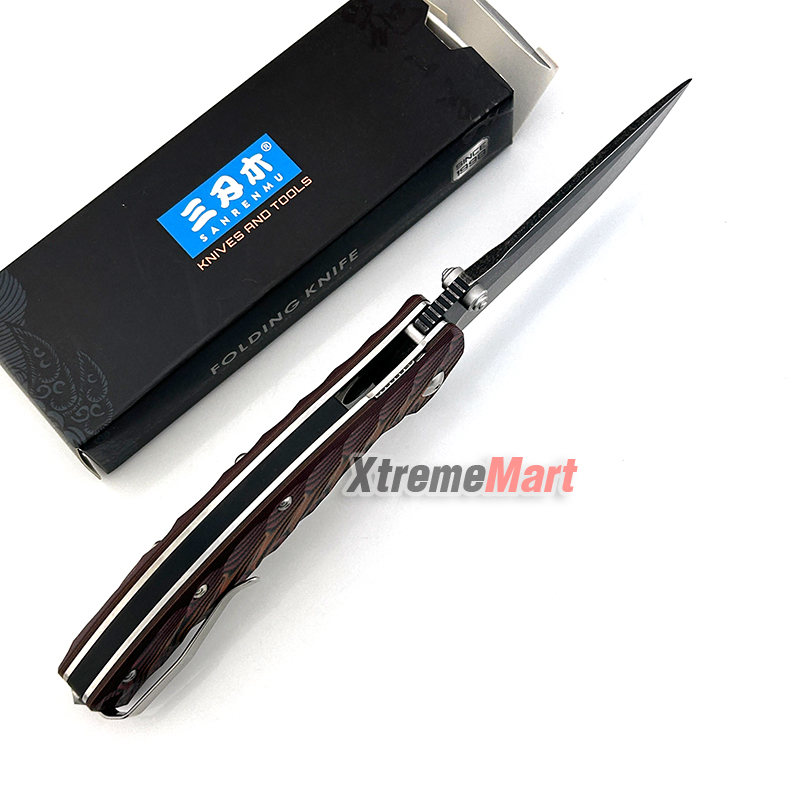 มีดพับ SANRENMU 1005 SRM-1005-GX ใบมีดสแตนเลส 9cr14mov ด้ามG10 ใบสีดำด้ามน้ำตาล จุดหมุนระบบตลับลูกปืน(Ball Bearing) เปิด-ปิด ลื่นมาก