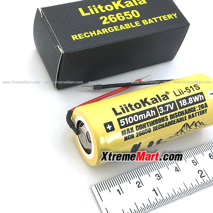 แบตเตอรี่ Liitokala LII-51S 26650 20A power rechargeable lithium battery 26650A 3.7V 5100mA + พร้อมสาย (ก้อนละ)