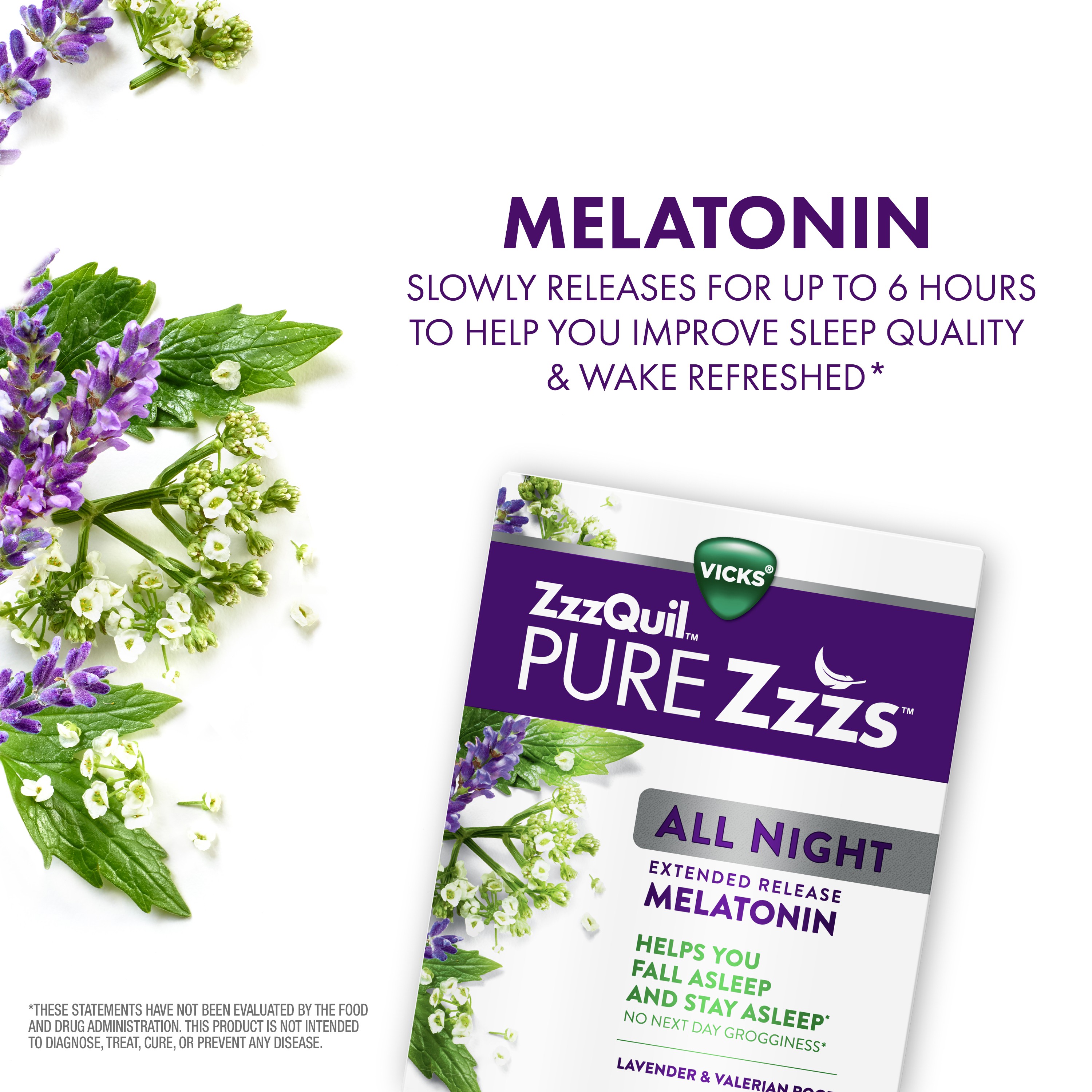 วิตามินเสริมการนอนหลับสำหรับผู้ใหญ่ Vicks ZzzQuil PURE Zzzs ALL NIGHT Extended Release Melatonin (14 Tablets)