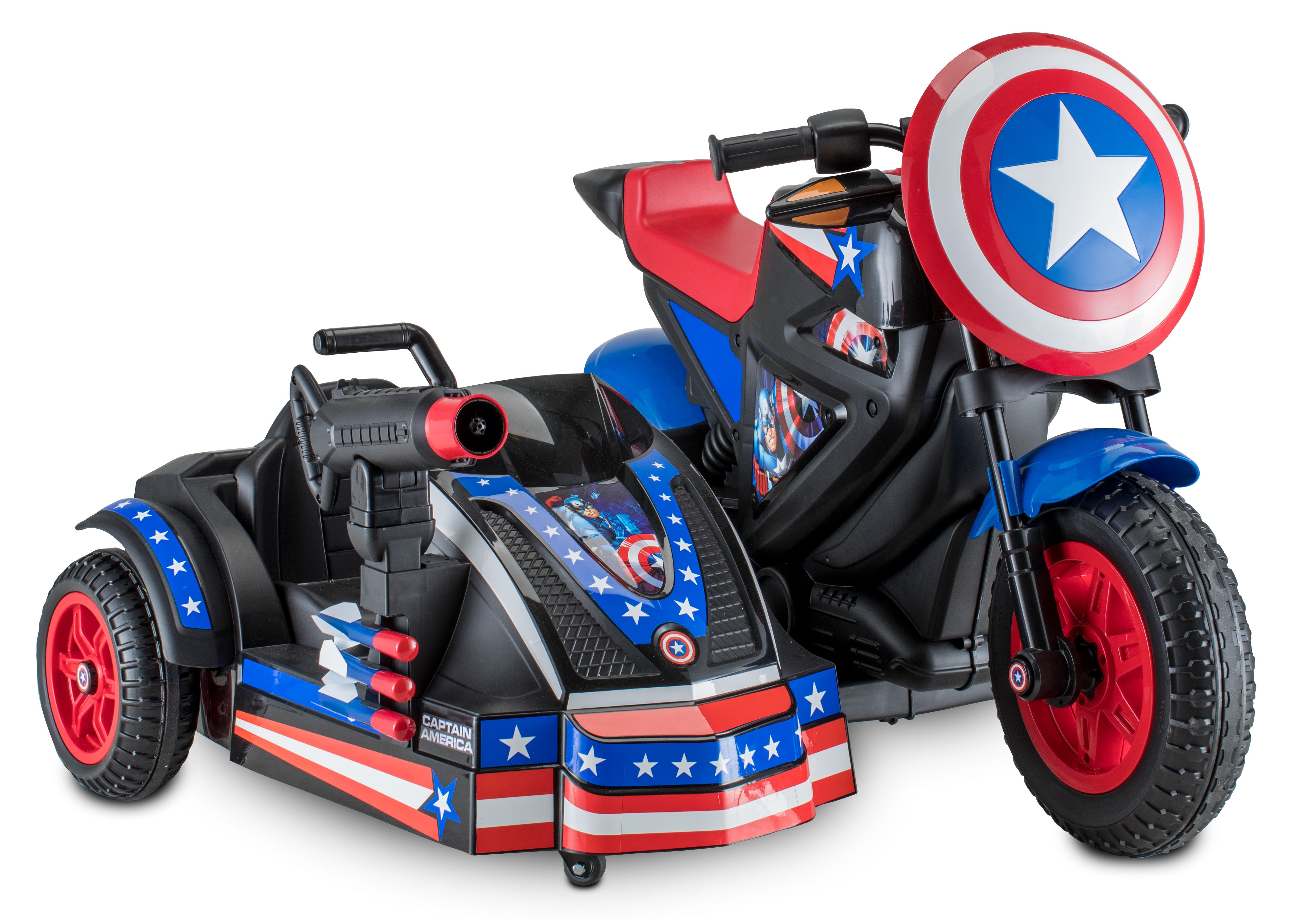 รถมอเตอร์ไซค์แบตเตอรี่พร้อมรถพ่วงข้าง Kid Trax Marvel Captain America Motorcycle & Side Car