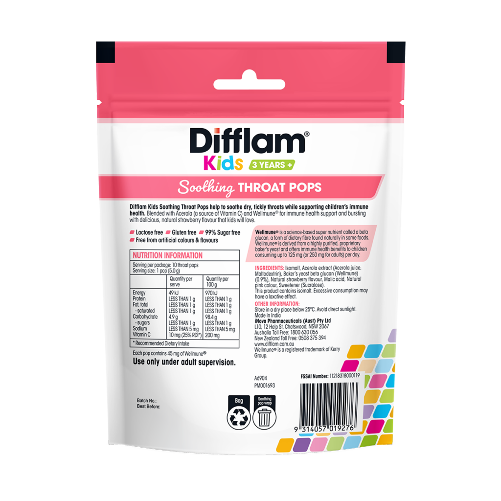 อมยิ้มเสริมภูมิคุ้มกันพร้อมบรรเทาอาการไอสำหรับเด็ก Difflam Kids Soothing Throat Pops