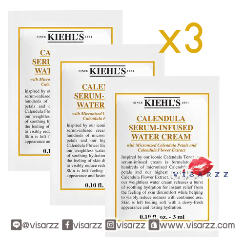 (Tester 3mL x 3 ซอง) Kiehl's Calendula Serum-Infused Water Cream วอเตอร์ครีมที่ผสาน Calendula serum ลงไป โดยใช้สารสกัดจากดอกคาเลนดูลาความเข้มข้นสูงสุดเท่าที่เคยใช้มา เพื่อช่วยปลอบประโลมและคืนความสดชื่นให้ผิวพร้อมมอบความเปล่งปลั่งที่มองเห็นได้