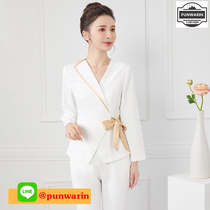 ชุดพนักงานนวดสปา ชุดพนักงานเสริมสวย ชุดทำงาน ชุดฟอร์มพนักงานคลีนิคความงาม S6511011 ขาว กรมท่า S-3XL