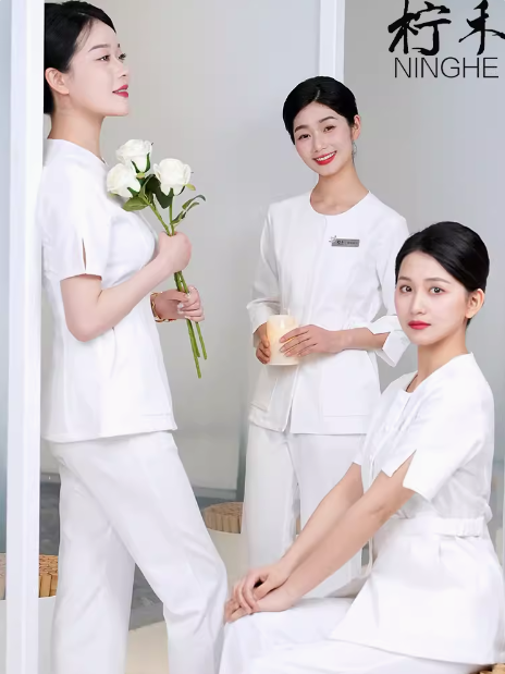 ชุดพนักงานนวดสปา ชุดพนักงานเสริมสวย ชุดทำงาน ชุดสูท ชุดพนักงานคลินิค S6707003 ขาว เบจ ดำ S-3XL