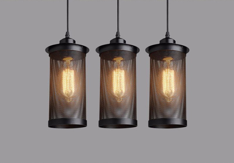 โคมไฟแขวนเพดานทรงกระบอกตาข่ายเหล็กสีดำสไตล์ลอฟท์ [RI-10]