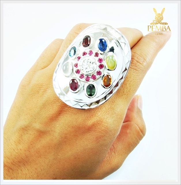 แหวนนพเก้า ตามตำรา เงินแท้925 ชุบทองคำขาว ไซส์ใหญ่พิเศษ