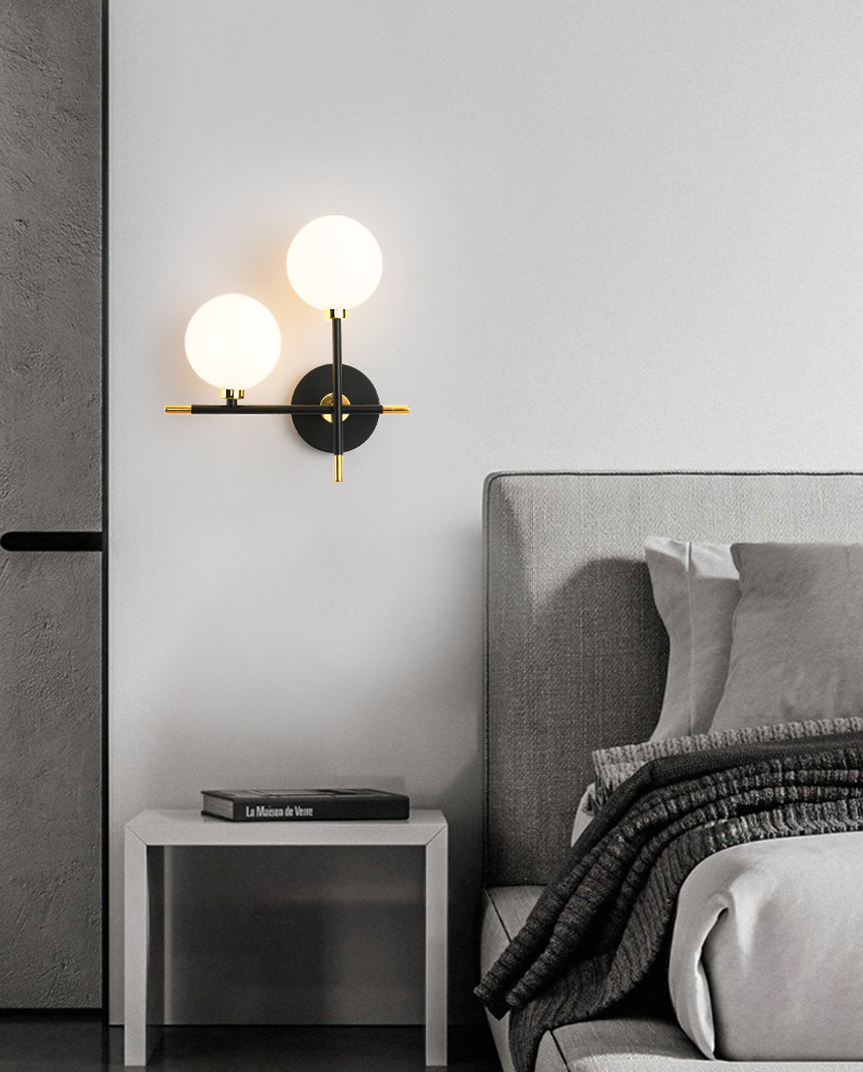 โคมไฟติดผนังภายในโครงเหล็กสีดำทองโป๊ะแก้วทรงกลม 2 ดวง [BD8841]