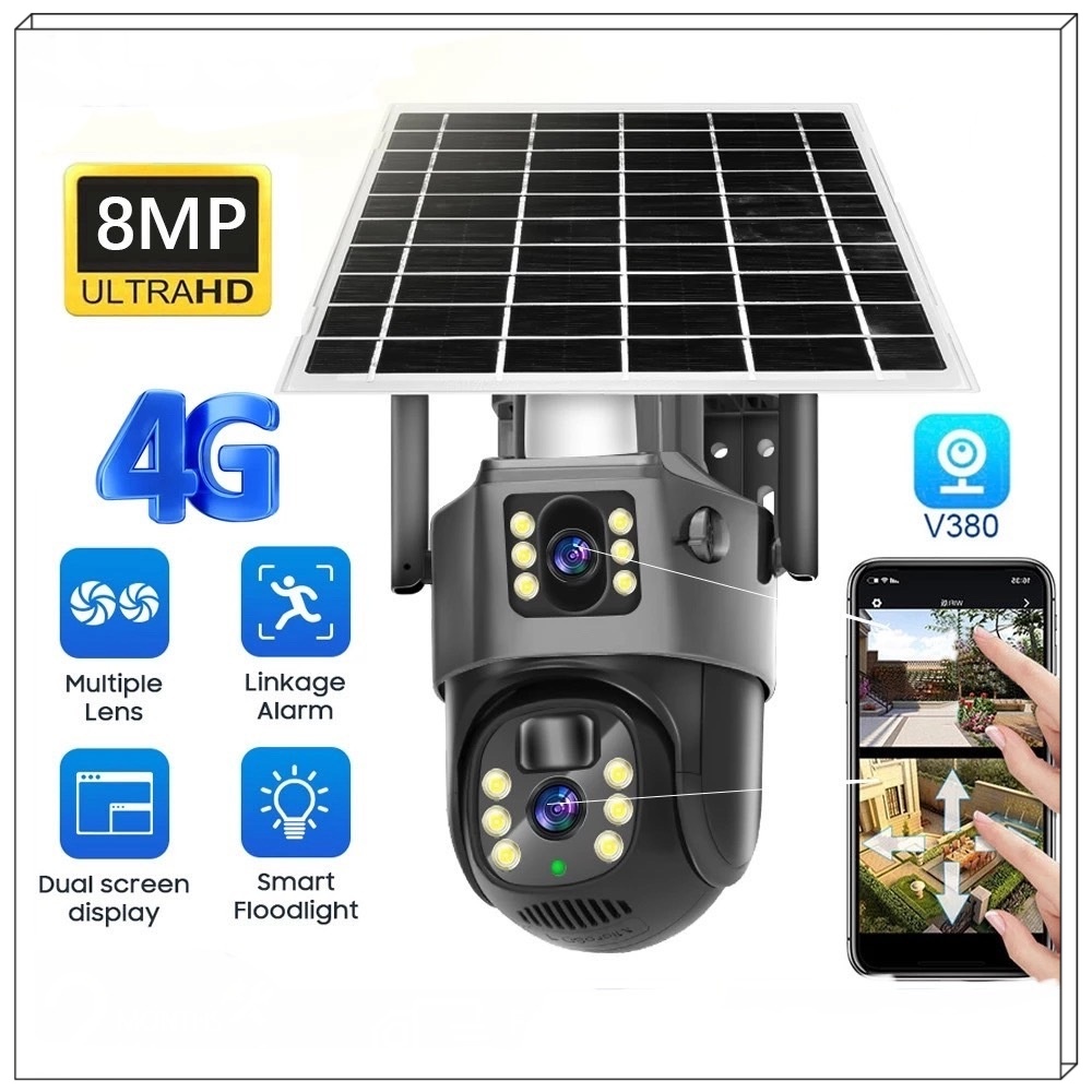 กล้องโซล่าเซลล์4G ซิมการ์ด4K 8MP เลนส์คู่10X ดิจิตอลซูม DUAL LENS แผงโซล่าระบบติดตามแบบมนุษย์กล้องวงจรปิดสัญญาณเตือน V380 PRO