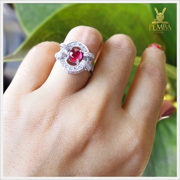 แหวนทับทิมแท้ ทรงหลังเบี้ย เงินแท้925 แหวนทับทิมทรงโบราณ แหวนพลอยแท้