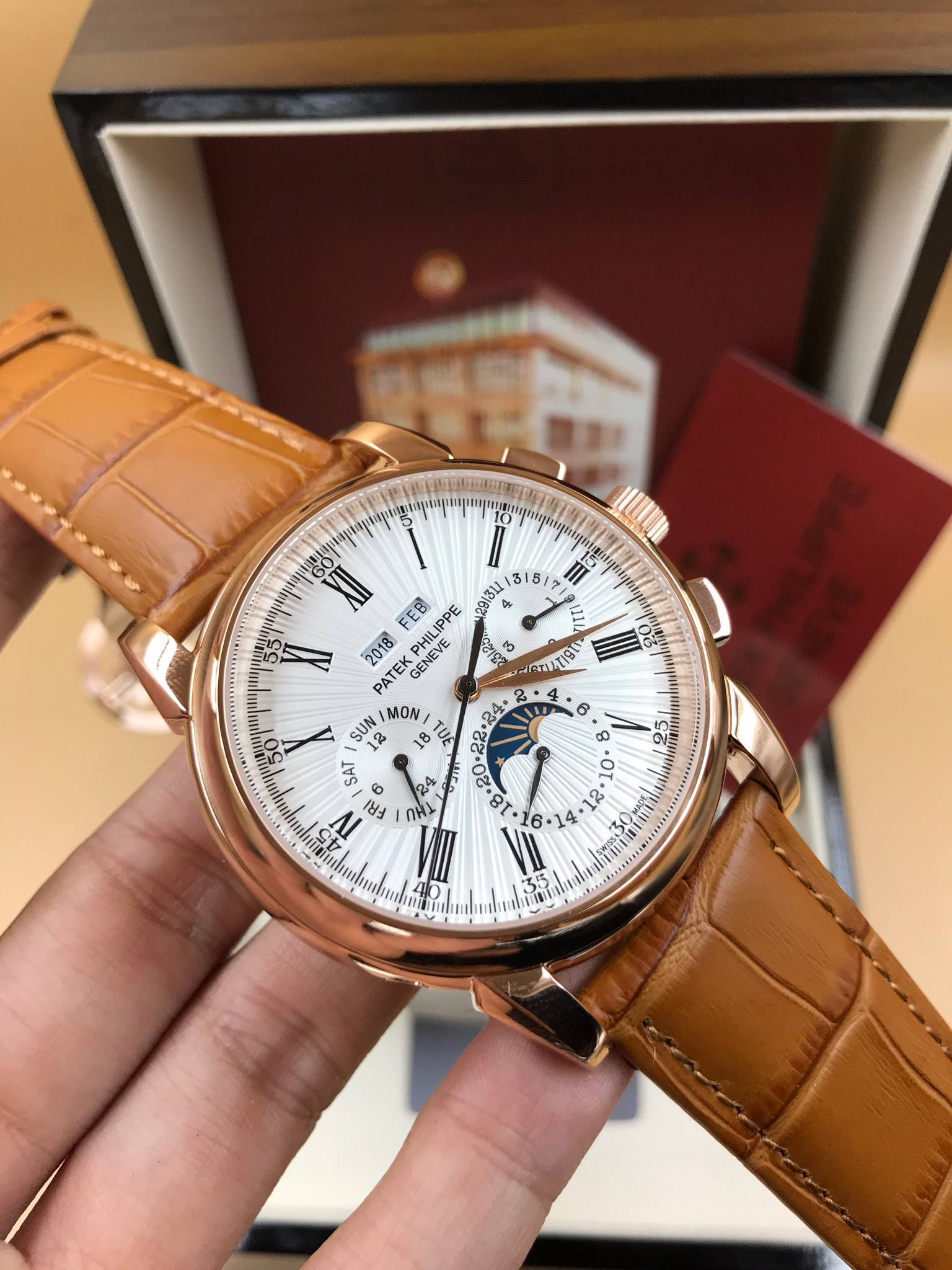 นาฬิกา Patek Philippe Perpetual Calendar สี Pink Gold สายหนังสีน้ำตาลงาน Mirror Swiss