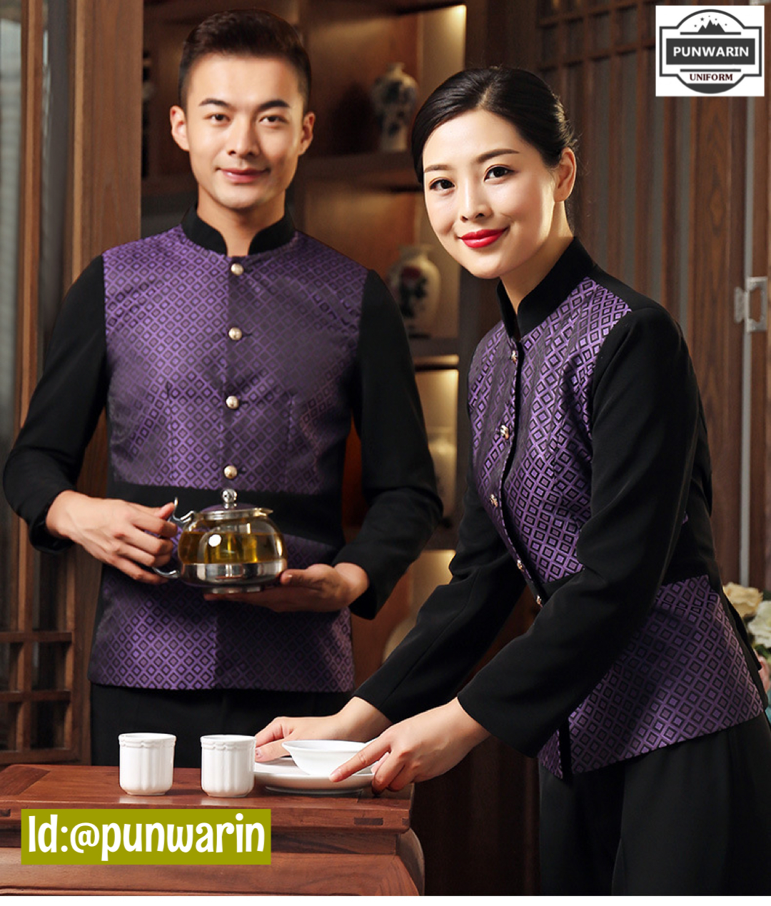เสื้อพนักงานเสริฟเสื้อพนักงานโรงแรม รีสอร์ท F6509001 แดง ดำ ม่วง L-4XL