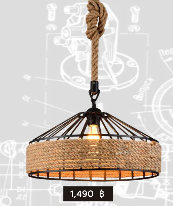 โคมไฟห้อยเพดาน American Country พันเชือกลินิน ทรงกระโจม