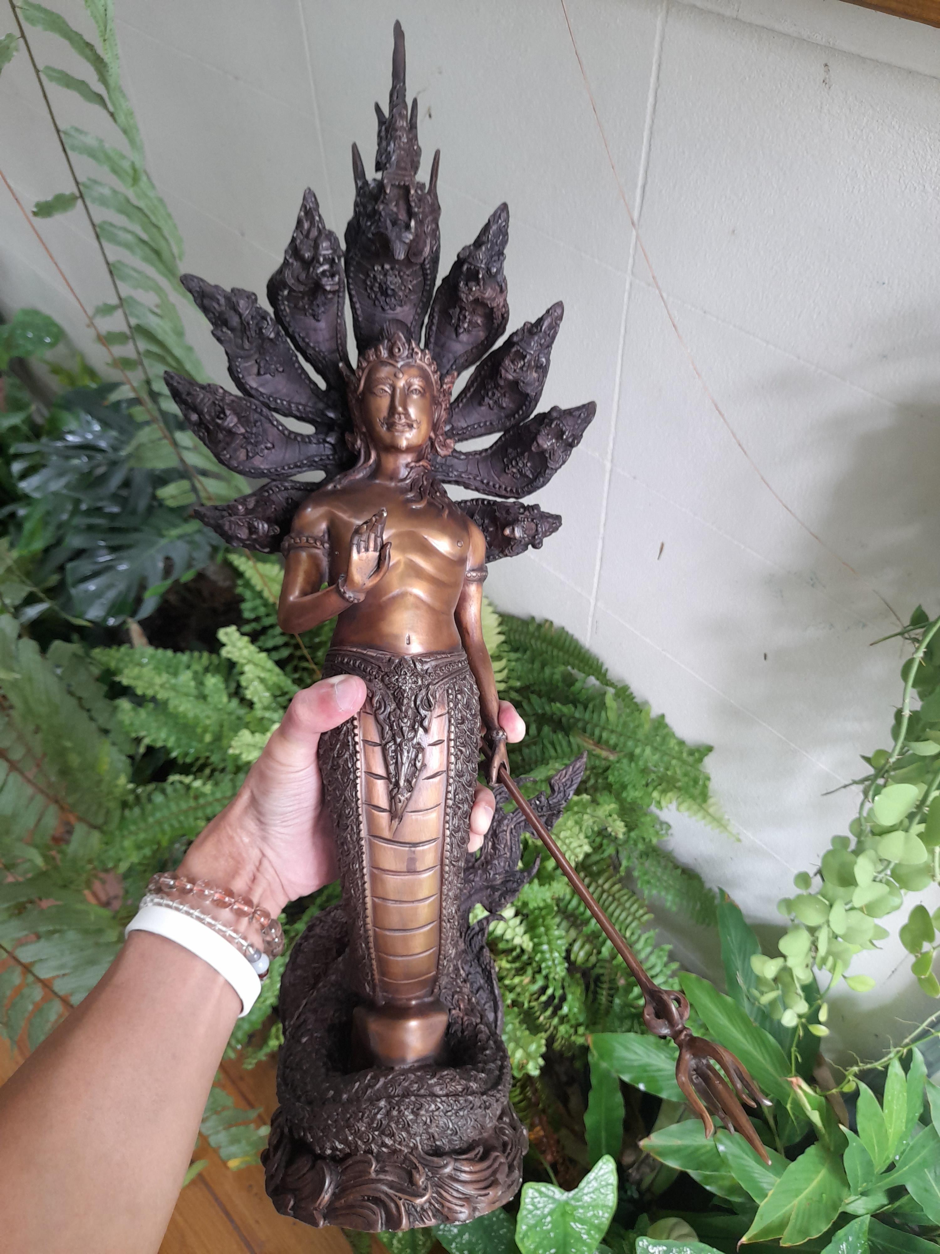 รูปหล่อ พญานาคราช ปาง ประทานพร มนุษย์ ครึ่งพญานาค นาคปรก 9หัว เศียร เนื้อทองเหลือง สีสัมฤทธิ์ (สูง22นิ้ว) (งานพรีออเดอร์สั่งทำ 2เดือน)