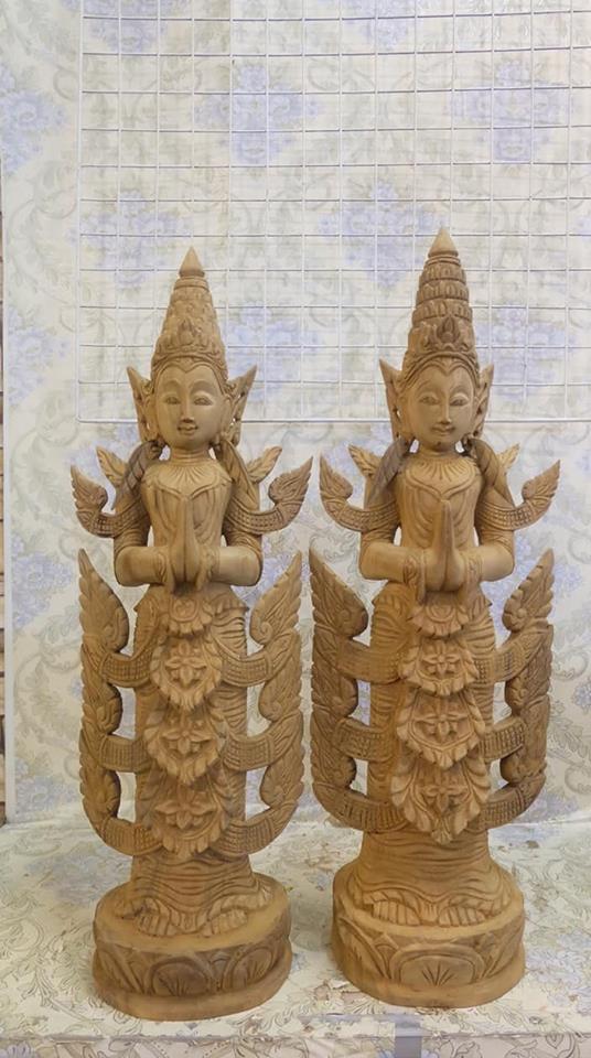 เทพพนม​ ศิลปะพม่า​ แกะจากไม้สัก​ สูง​24นิ้ว
