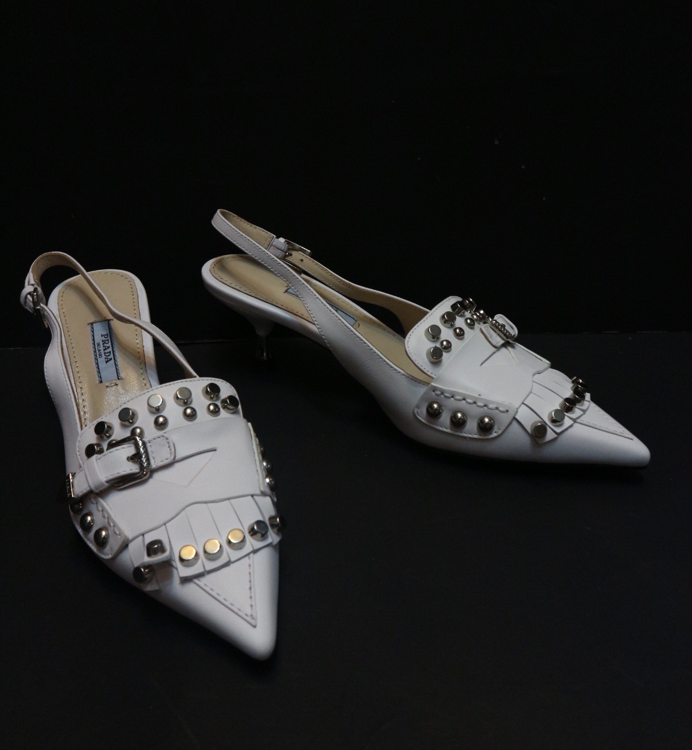 PRADA Studded Fringed Leather Slingback Pumps