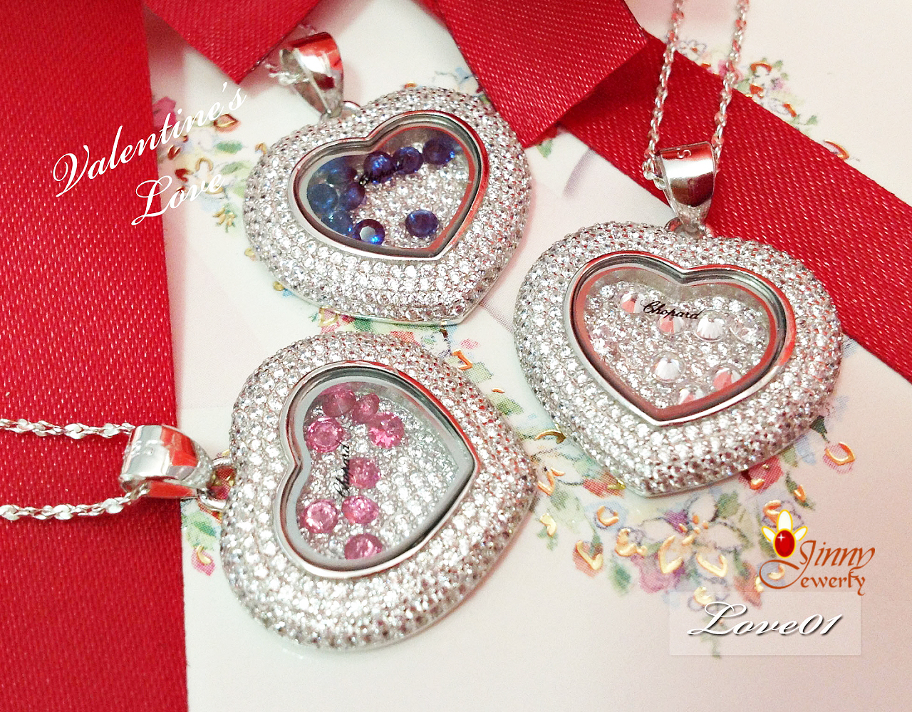 จี้เงินแท้ งานแบรนด์ Chopard พลอย 3 สี ชมพู ขาว และน้ำเงิน เล่นแสงสวยมาก