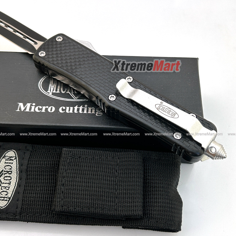 มีดสปริงตรงขนาดใหญ่ Microtech คม 2 ด้าน ด้ามลายตาราง Combat Troodon 00556 D/E Automatic Knife Camping Tool (Dual Front)