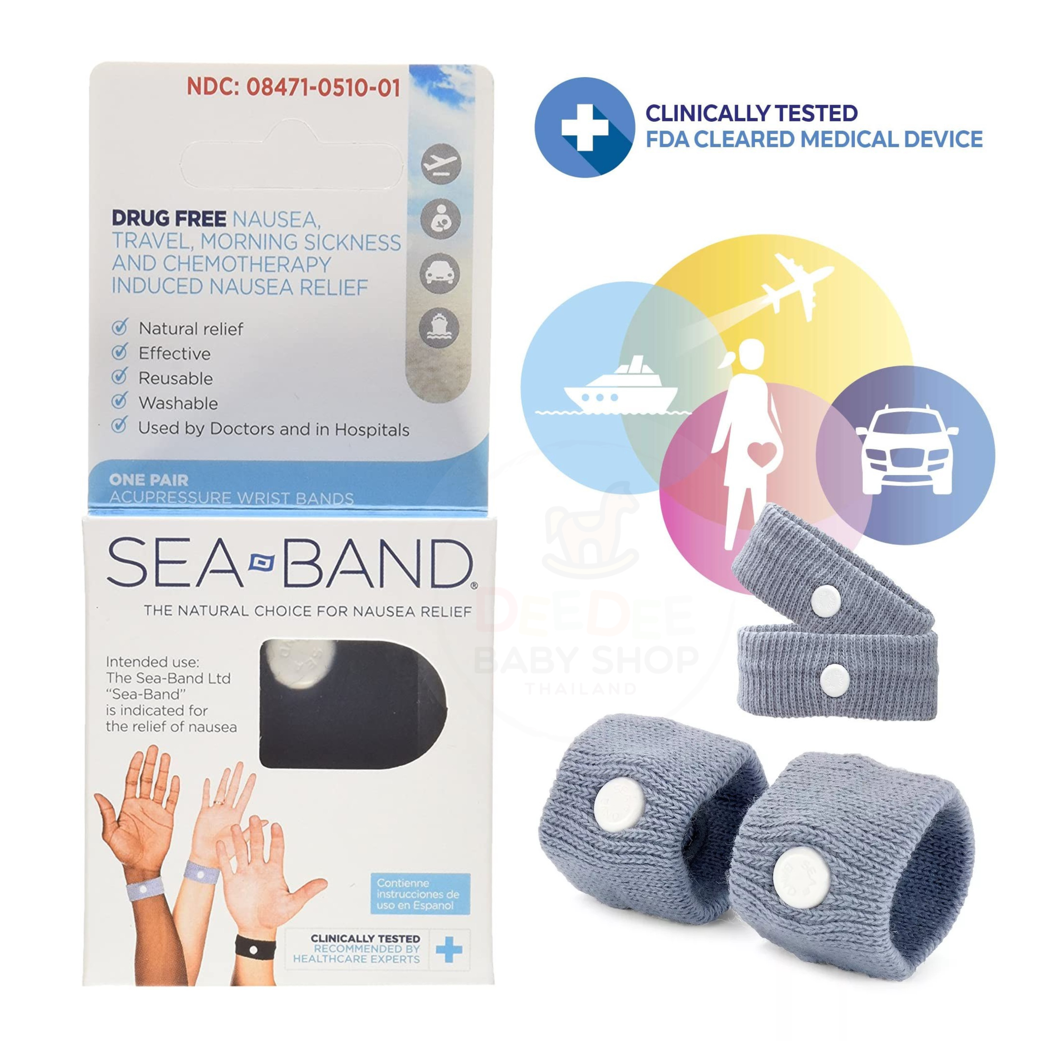สายรัดข้อมือบรรเทาอาการคลื่นไส้อาเจียน SEA-BAND Nausea Relief Comforting Acupressure Bands