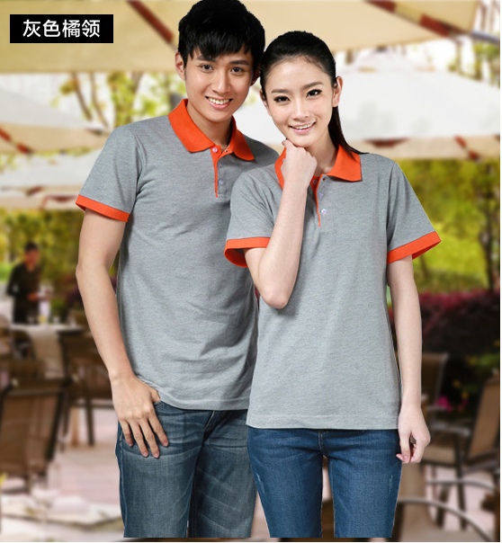 P6012016 เสื้อฟอร์มพนักงาน เสื้อยืดปกโปโล เสื้อโปโลสีเทาสลับส้ม P6012016
