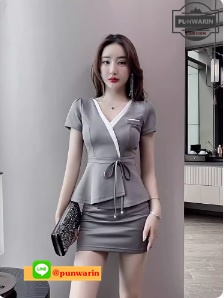 ชุดพนักงานนวดสปา ชุดพนักงานเสริมสวย ชุดทำงาน ชุดไนท์คลับ แช่เท้า S6401003 เทา แดง ดำ S-4XL