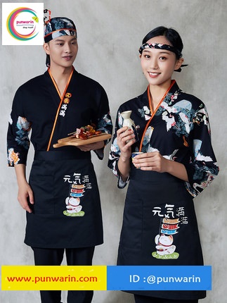 ชุดซูชิกิโมโนสไตร์ญี่ปุ่นเสริฟ สำหรับห้องอาหารญี่ปุ่นเกาหลีจีน เสื้อเชฟ พ่อครัว บริกร G6412006 สีภาพ S-2XL