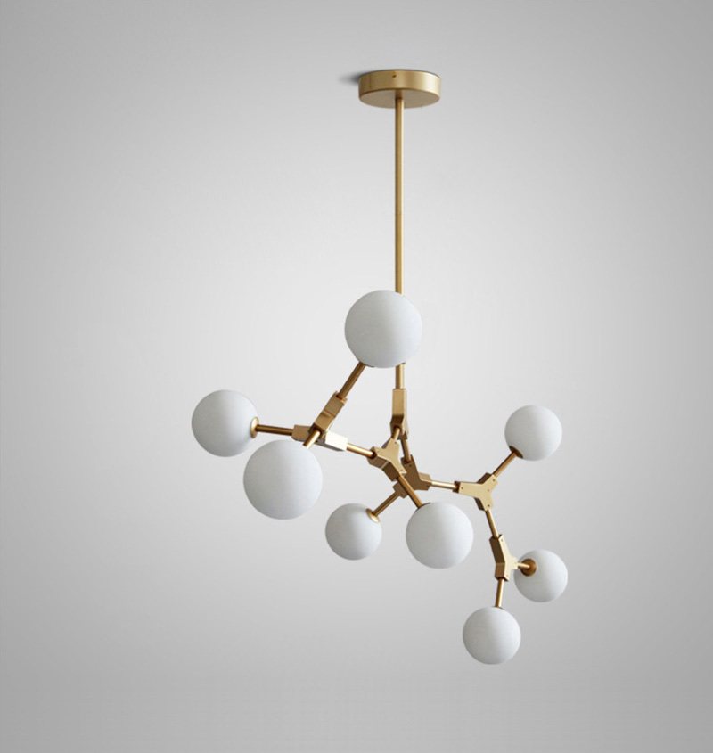 โคมไฟแขวนเพดานโครงเหล็กสีทองโป๊ะโคมสีขาวขุ่นทรงกลม [XBMD02]